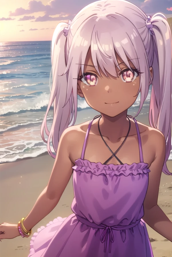 chloevoneinzbern, <lora:chloe von einzbern s2s3-lora-nochekaiser:1>,
chloe von einzbern, long hair, hair between eyes, (yellow eyes:1.3), pink hair, dark skin, dark-skinned female, twintails, smile,
BREAK dress, bare shoulders, collarbone, bracelet, halterneck, purple dress,
BREAK outdoors, beach,
BREAK looking at viewer, (cowboy shot:1.5),
BREAK <lyco:GoodHands-beta2:1>, (masterpiece:1.2), best quality, high resolution, unity 8k wallpaper, (illustration:0.8), (beautiful detailed eyes:1.6), extremely detailed face, perfect lighting, extremely detailed CG, (perfect hands, perfect anatomy),