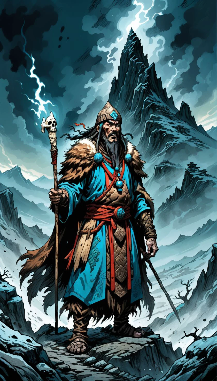 graphic novel illustration (vibrant:0.7) dark comic book ink style, A mountain medieval watchmen warrior hermit in a fur and bone intricate ensemble, stands at the peak, communicating with the spirits of nature, mongolian background, Dark and gritty, epic scene, dramatic lighting