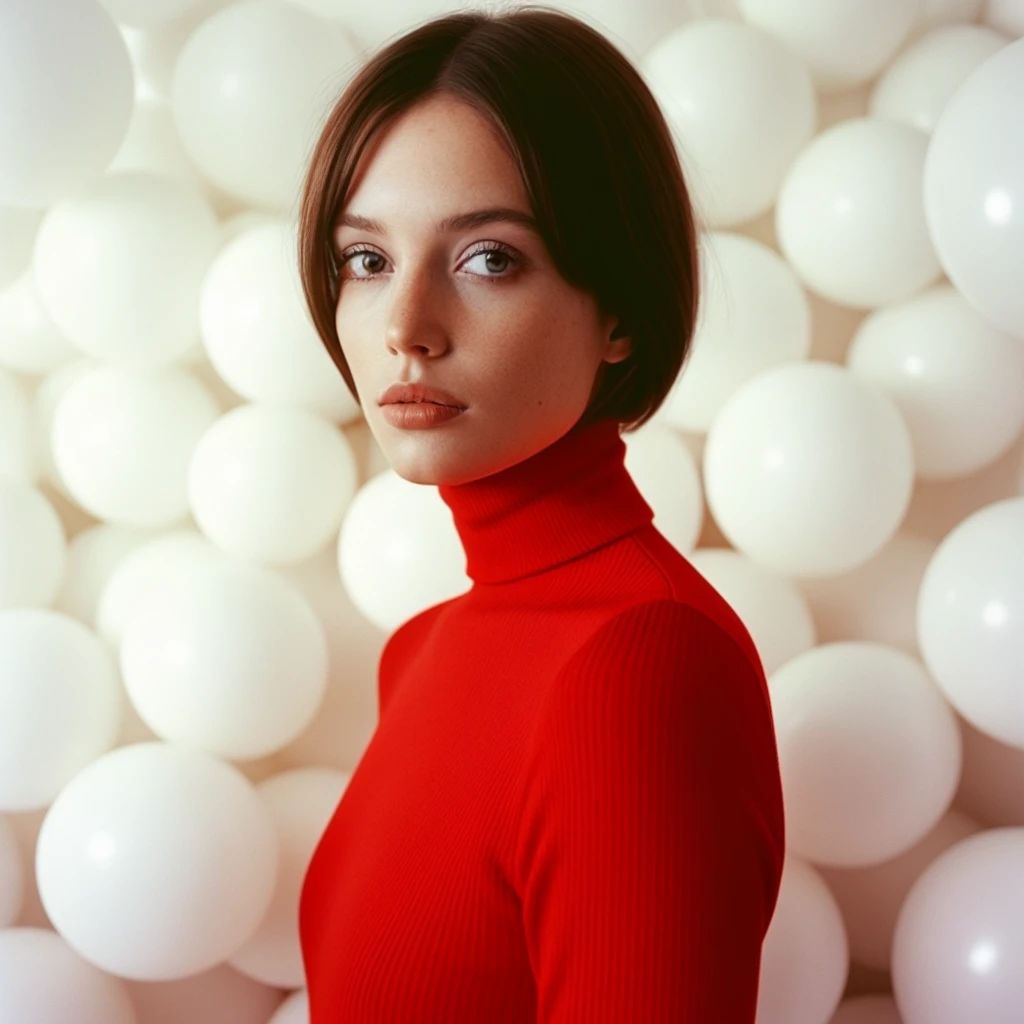 fashion portrait photo of beautiful young woman from the 60s wearing a red turtleneck standing in the middle of a ton of white balloons, taken on a hasselblad medium format camera