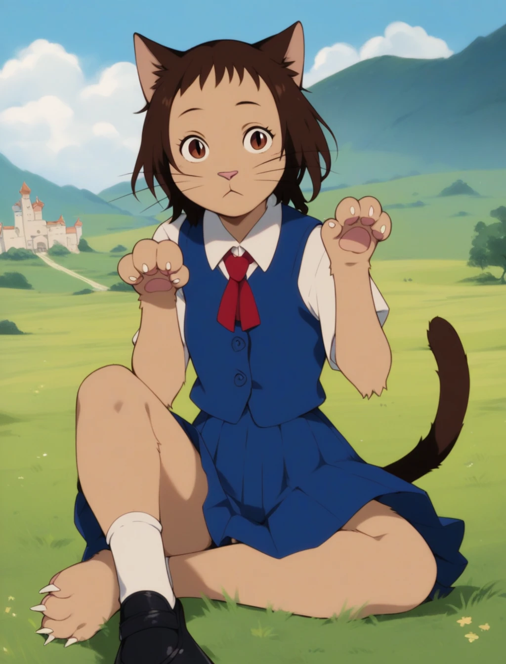 score_9, score_8_up, score_7_up, score_6_up, score_5_up, score_4_up,

Solo

Haru Yoshioka, catgirl, curious, paws, dark brown tail under skirt, pleated skirt, blue vest, white socks, black shoes, browen eyes, whiskers, paw pose, red tie, one bare feet, pawpads, smale white claws, 4 digits, fewer digits, slit pupils

looking at viewer