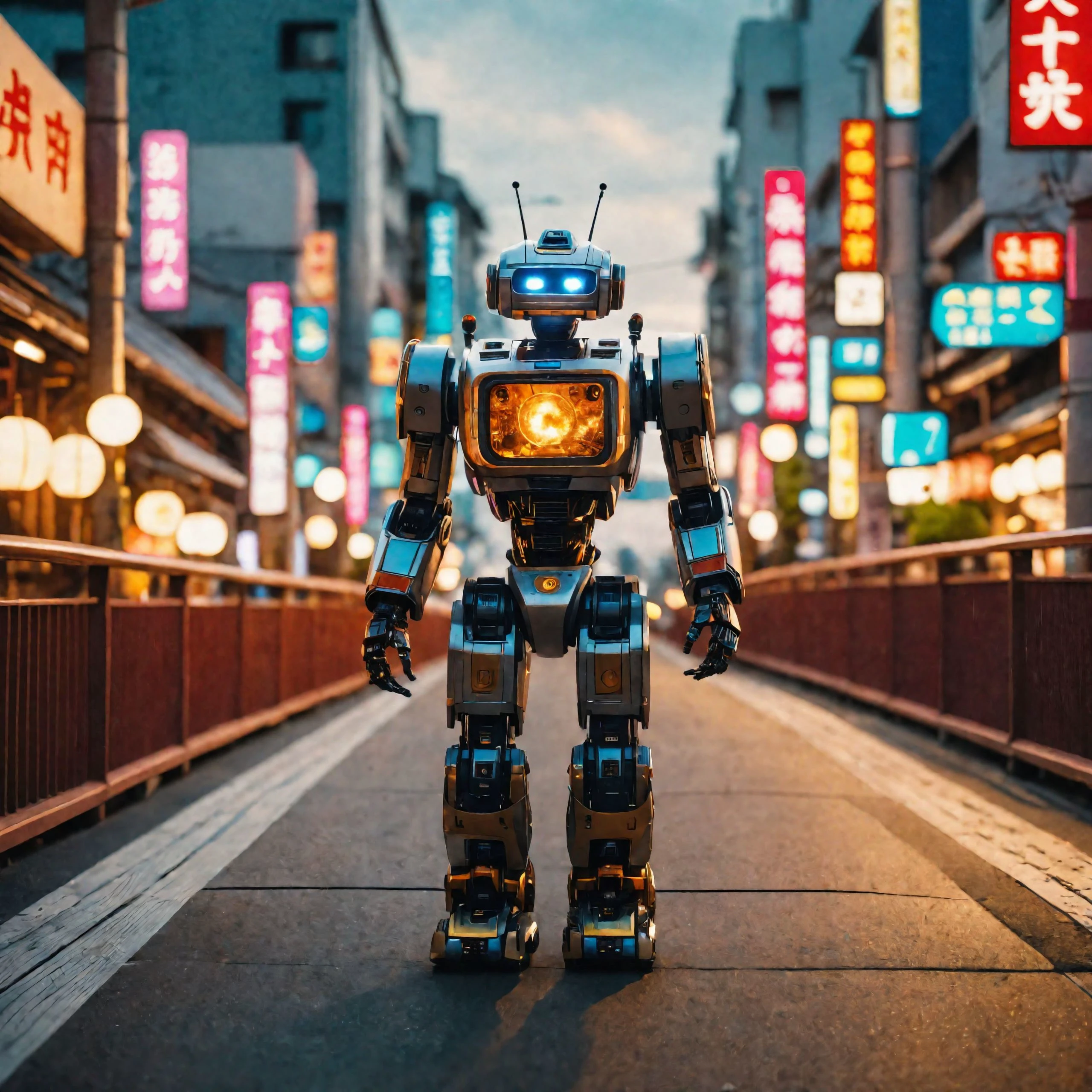 cinematic photo robot walking in japanese robot city, colorful, exploding bridge in background depth of field, wide angle shot, cinematic  photorealistic, 8k uhd natural lighting, raw, rich, intricate details, key visual, atmospheric lighting, 35mm photograph, film, bokeh, professional, 4k, highly detailed . 35mm photograph, film, bokeh, professional, 4k, highly detailed