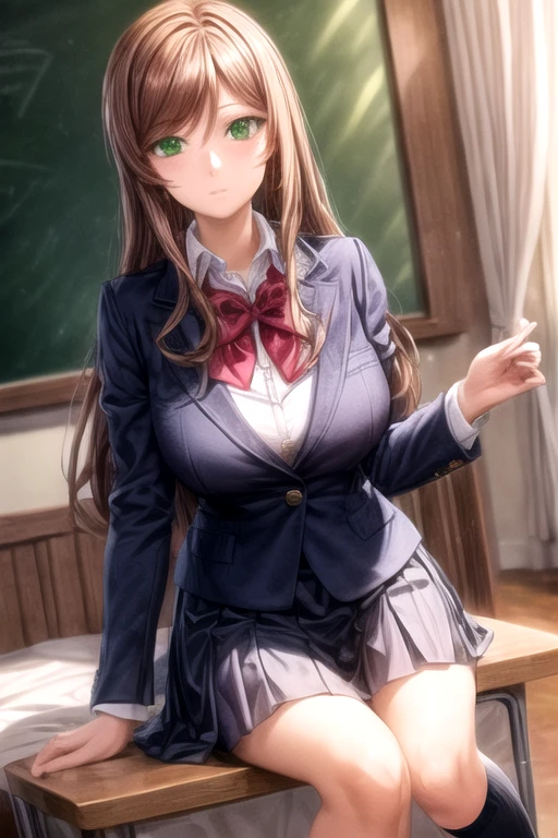 (masterpiece:1.2), best quality, high resolution, unity 8k wallpaper, (illustration:0.8), (beautiful detailed face:1.2, beautiful detailed eyes), perfect lighting, extremely detailed CG, (perfect hands, perfect anatomy), 
Cute, beautiful, charming lady, shiny hair, lustrous skin, beautiful light big eyes, 
big breasts, milf, married woman, soft With a gentle appearance and a gentle mother-like atmosphere,
<lora:ã«ãã­ã»ãã©ã¤ Mirai Kamiki (GUNDAM BUILD FIGHTERS TRY):0.7>, mirai_a, long hair, brown hair, green eyes, 
school uniform, jacket, socks, white shirt, collared shirt, blazer, blue blazer, red bow, long sleeves,, <lora:add_detail:1.0>