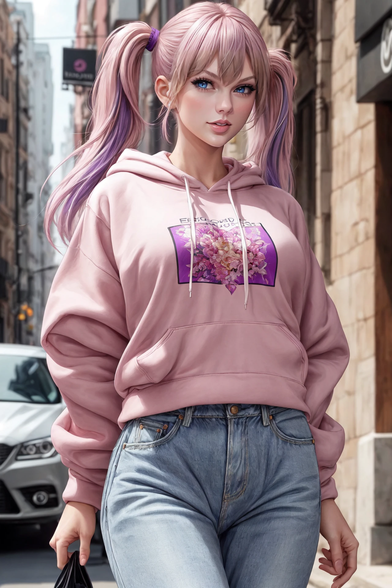 a stunning photorealistic full-body image of (Taylor Swift:0.8) with (full long pink-purple hair messy twintails), wearing (baggy:1.2) hoody sweatshirt and jeans, thicc thighs, (happy, smiling:0.6), cool colors, soft light, intricate details, morning, clear glossy eyes, (masterpiece, best quality), toned legs, ultra high quality, flawless fingers, ultra detailed skin, (skin imperfections:0.6), soft light, accurate fingers, detailed hands, sharp focus, cozy, perfect anatomy <lora:add_detail:0.8>