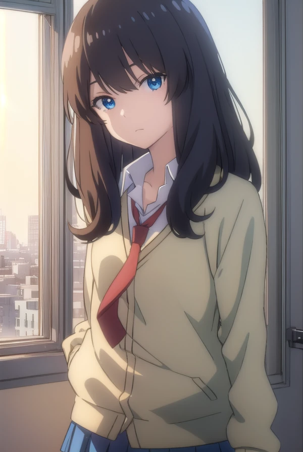 hijiriyajima, <lora:hijiri yajima movie2-lora-nochekaiser:1>,
hijiri yajima, long hair, black hair, blue eyes,
BREAK skirt, school uniform, pleated skirt, necktie, miniskirt, cardigan, red necktie, brown cardigan,
BREAK indoors, classroom,
BREAK looking at viewer, (cowboy shot:1.5), dynamic pose,
BREAK <lyco:GoodHands-beta2:1>, (masterpiece:1.2), best quality, high resolution, unity 8k wallpaper, (illustration:0.8), (beautiful detailed eyes:1.6), extremely detailed face, perfect lighting, extremely detailed CG, (perfect hands, perfect anatomy),