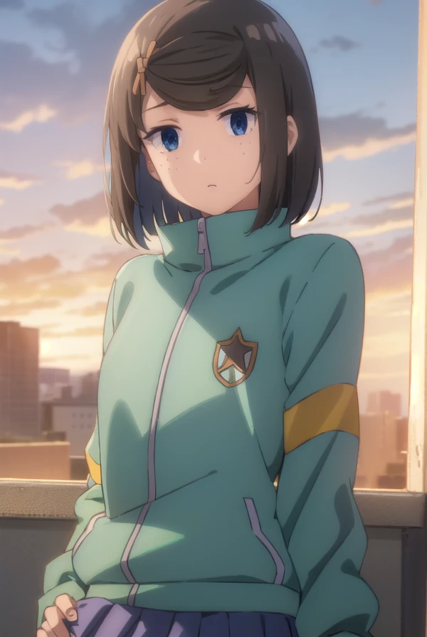 tomomihetada, <lora:tomomi hetada movie2-lora-nochekaiser:1>,
tomomi hetada, short hair, blue eyes, brown hair, hair ornament, hairclip, (swept bangs:1.5), freckles, 
BREAK jacket, track jacket, skirt, blue skirt, pleated skirt,
BREAK indoors, classroom,
BREAK looking at viewer, (cowboy shot:1.5), dynamic pose,
BREAK <lyco:GoodHands-beta2:1>, (masterpiece:1.2), best quality, high resolution, unity 8k wallpaper, (illustration:0.8), (beautiful detailed eyes:1.6), extremely detailed face, perfect lighting, extremely detailed CG, (perfect hands, perfect anatomy),