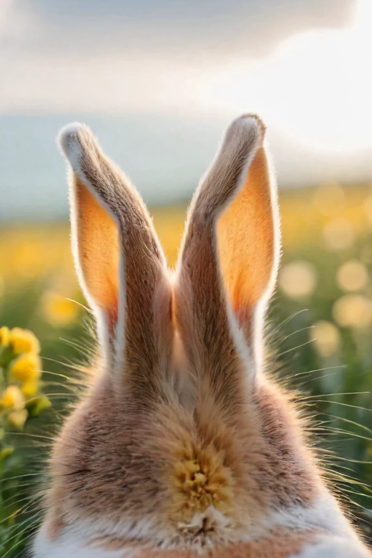 a photo shot in the point of view from the back of a a bunny's head cute ears close-up on the lower side of the shot, the background is a field of yellow flowers, sun rays <lora:HeadPOV_from_behind_vk1-000018:0.85>, natural lighting, 4k, high quality, Fujifilm XT3
