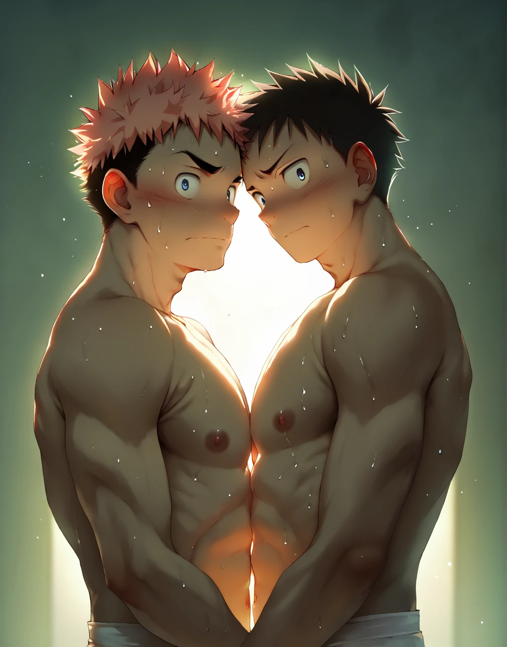 <lora:betm:1> score_9, score_8_up, score_7_up, score_6_up, score_5_up, score_4_up, source_anime BREAK itadori yuuji, 2boys, big pecs, (pectoral docking, touching pectorals, symmetrical docking:1.1), backlighting, backlit, topless male, embarrassed, looking at you, sweat, male nipples