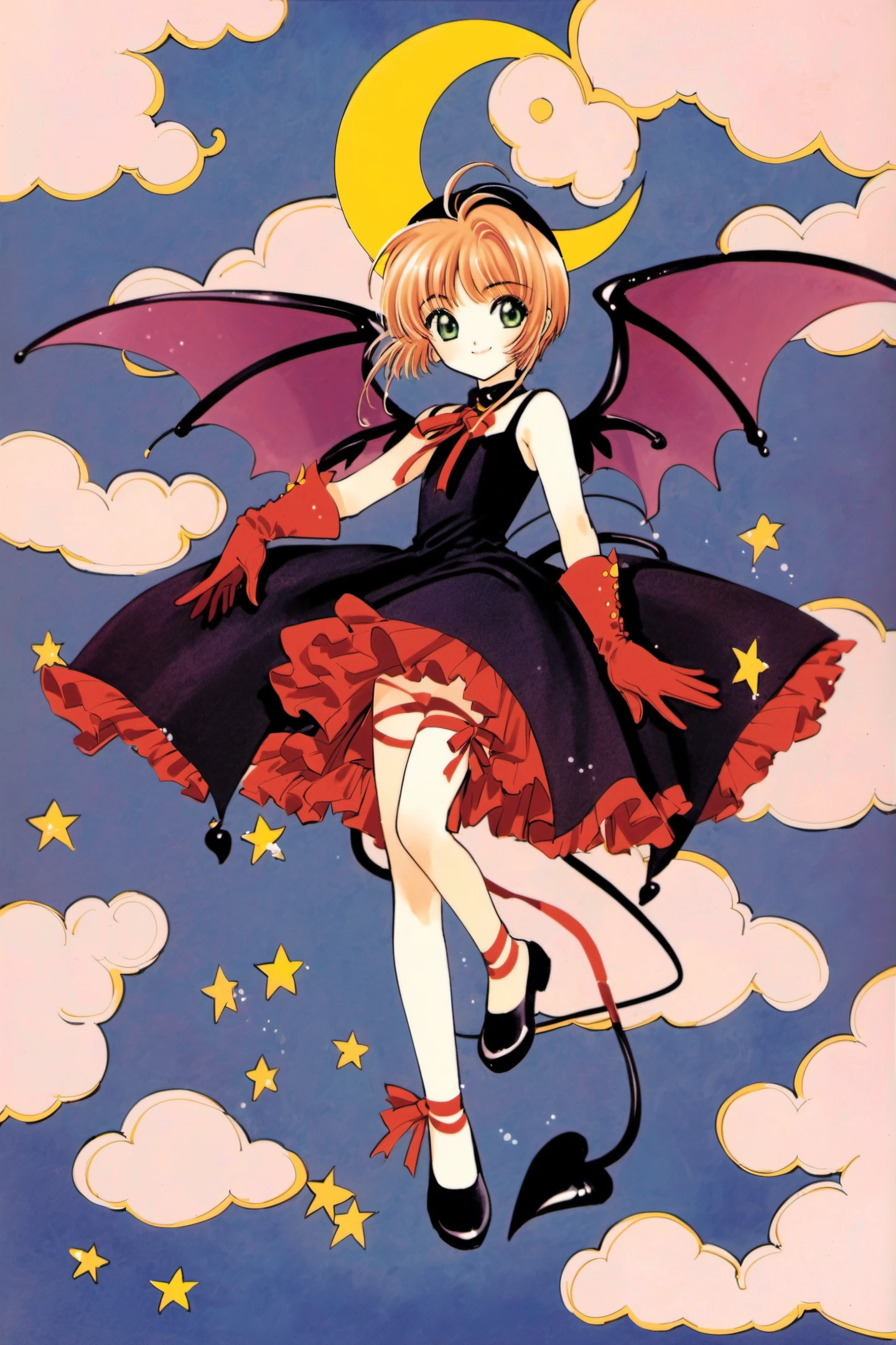 black dress,hat,dress,ribbon,1girl,kinomoto sakura,wings,gloves,red gloves,tail,brown hair,green eyes,witch hat,sleeveless dress,red ribbon,demon tail,kero,black footwear,short hair,cloud,1990s (style),moon,sleeveless,shoes,black headwear,looking at viewer,full body,retro artstyle,bangs,crescent moon,leg ribbon,neck ribbon,antenna hair,crescent,tail ornament,smile,star (symbol),bare shoulders,closed mouth,sky,bow,demon wings,solo focus,<lora:Card Captor Sakura_XL:0.8>,