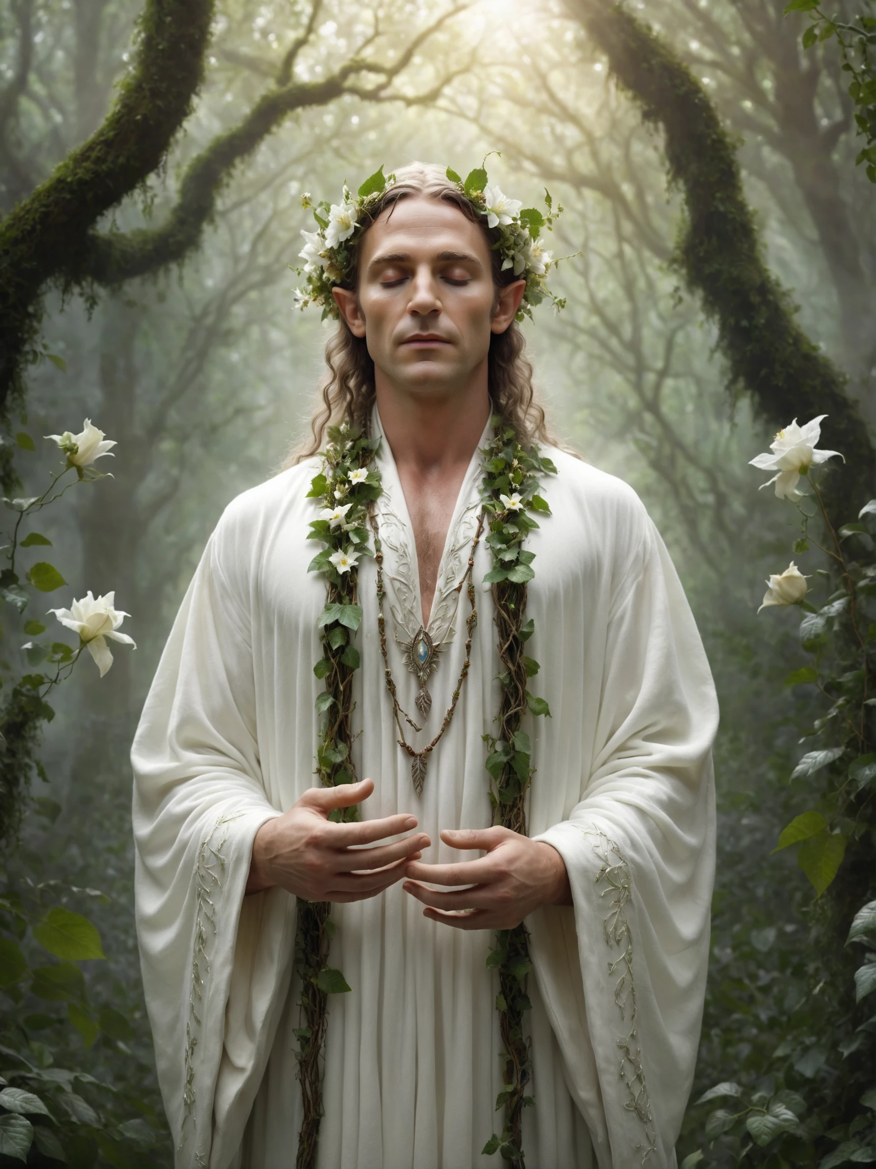 male elf druid in beautiful, luxurious iridescent white robes, adorned with flowers, vines, and leaves, arms spread, eyes closed, white mist
magical heavenly atmosphere, nature, pristine ivory forest
detailed background
photo photograph photographic photography realistic photorealistic hyperrealistic
