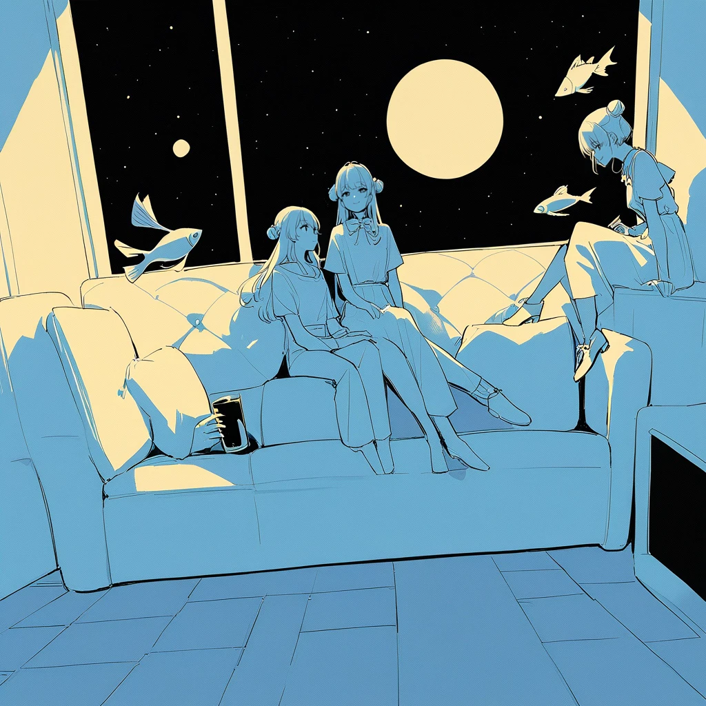 *fwks, black eyes, limited palette, 1other, 2girls, ambiguous gender, aqua theme, blouse, bow, bowtie, closed mouth, couch, covered mouth, cup, double bun, drinking glass, facing away, fish, floating, floating object, flying fish, full moon, giant, giantess, hair bun, holding, holding cup, limited palette, long hair, long sleeves, looking at another, looking through window, moon, multiple girls, on couch, pants, shadow, shirt, shoes, short sleeves, sitting, sky, smile, star \(sky\), starry sky, surreal, tile floor, tile wall, tiles, wine glass, zero gravity, yellow theme, masterpiece, best quality <lora:fwks:1>