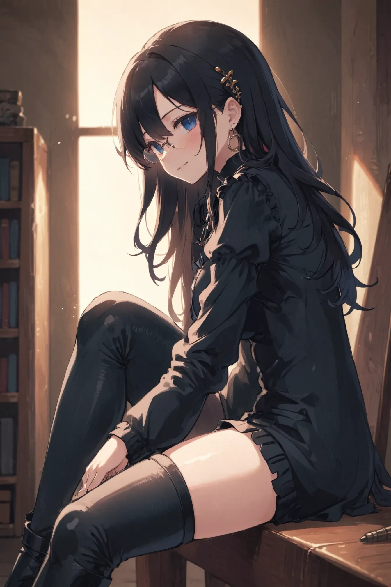 anime, 1girl, solo, indoors, black hair, black shirt, blue eyes, boots, closed mouth, crossed legs, ear piercing, earrings, from side, hair ornament, hairclip, hand up, jewelry, juliet sleeves, long hair, long sleeves, looking at viewer, looking to the side, multiple rings, piercing, puffy sleeves, round eyewear, shirt, sketch, sitting, smile, standing, swept bangs, thigh boots, thighhighs, very long hair