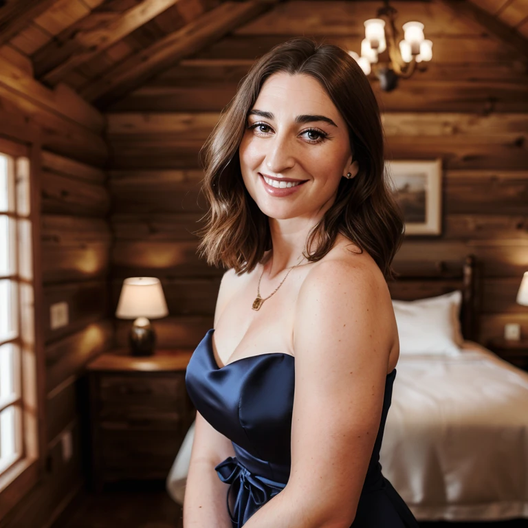 ohwx woman, beautiful dress, portrait photo, smiling, wooden cabin, professional photography <lora:2024-03-02_02-07-57-save-400-50-0:1>