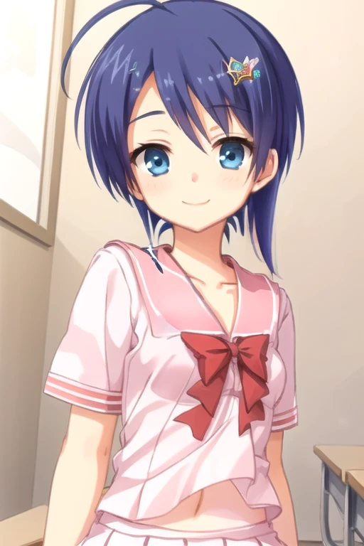((masterpiece)),(best quality),official art,extremely detailed CG,unity 8k wallpaper,ultra detailed,beautiful detailed eyes,extremely detailed face,classroom,1girl,solo,upper body,(portrait:1.5),looking at viewer,facing viewer,smile,Tokusa Honoka,ahoge,short hair,blue hair,star (symbol),hair ornament,hairclip,blue eyes,pink serafuku,pink sailor collar,red bowtie,short sleeves,medium breasts,miniskirt,pink skirt,pleated skirt,bare legs,sneakers,<lora:Tokusa Honoka(trlu):0.8>,