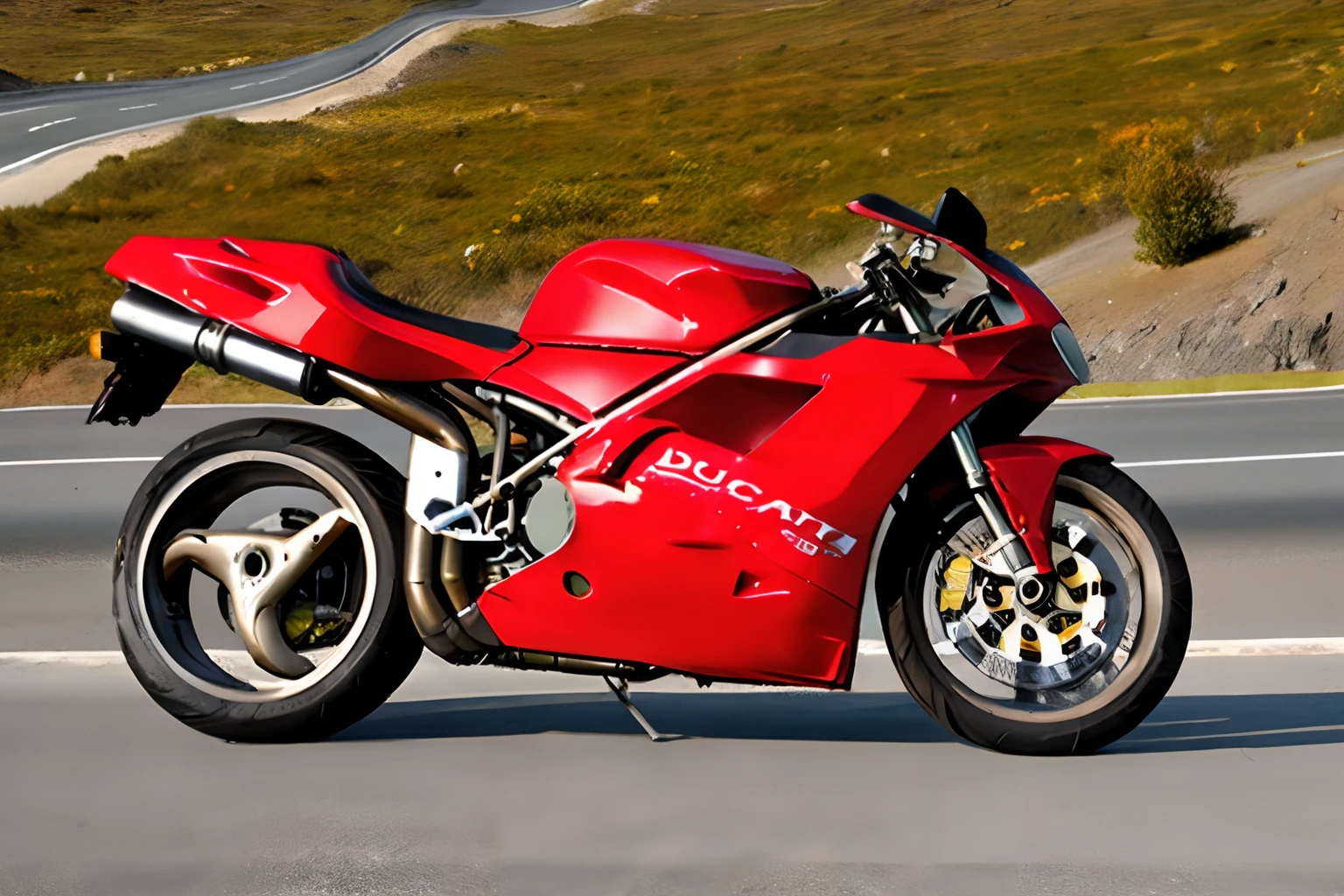 Photo of a red ducati916 parked on a curvy road in the mountains <lora:Ducati_916_by_IMAK:.8>