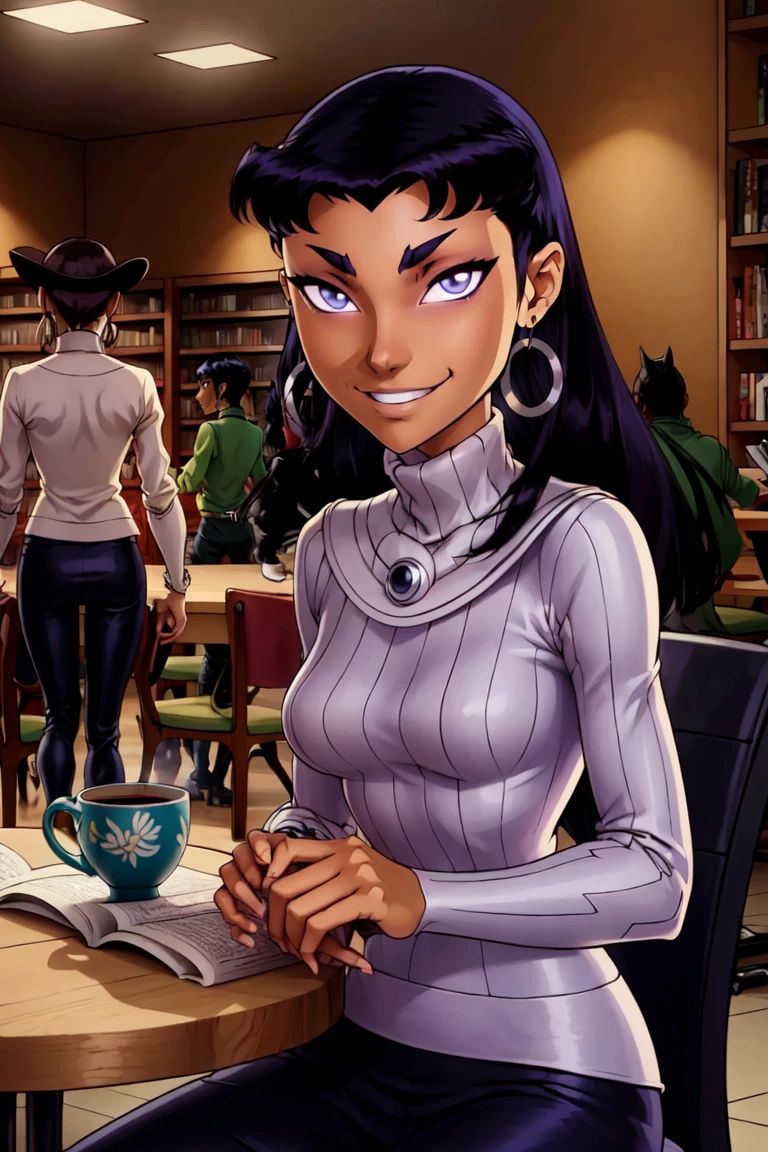 ((masterpiece, best quality)), anime style, <lora:more_details:0.5>, ((masterpiece,best quality)), absurdres, <lora:Blackfire_DC:0.7>, Blackfire_DC, black hair, 1girl, solo, dark skin, smile, looking at viewer, cowboy shot, , turtleneck sweater, earrings, library, cup of coffee, sitting at table