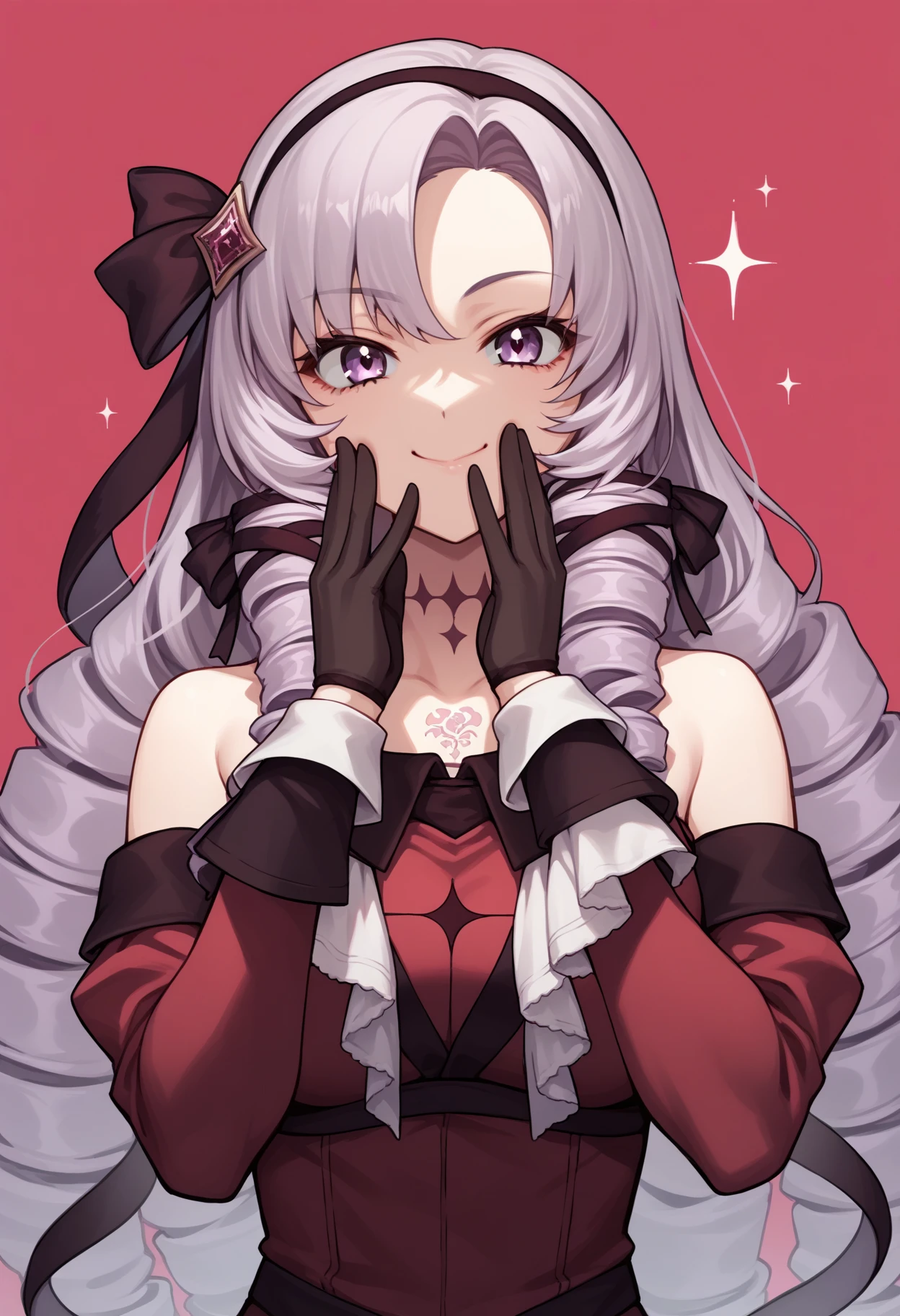 score_9, score_8_up, score_7_up, score_6_up, score_5_up, score_4_up, BREAK source_anime, salome, hair ribbon, hairband, chest tattoo, very long hair, bare shoulders, gloves, black gloves, dress, long sleeves, smile, happy, closed mouth, large breasts, looking at viewer, facing viewer, simple background<lora:Salome-19:0.9>