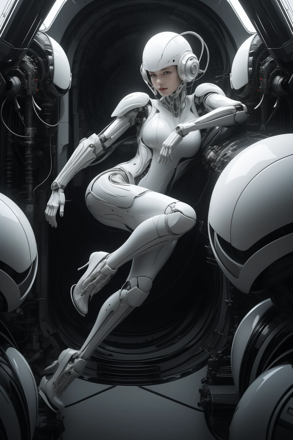 (masterpiece1.2),(best quality:1.2),(raw photo),ptp girl, solo,(upper body),jumping,robot woman by cybernetic ludum dare, (light smile:0.7),looks at viewer,face to viewer,in the style of sci-fi baroque, (transparent glass helmet), translucent thin tubes linked with helmet,dark white, 8k resolution, machine aesthetics, intricate detail, hyper-realistic sci-fi, futuristic organic,(high key lighting),the bodysuit composed of various translucent mechanical parts, cyberpunk aesthetic. baroque xenomorph,dust in light,foggy,bokeh,kodak film,kodak portra 400,natural skin, true skin texture,<lora:baroque xenomorph-000008:0.5>,