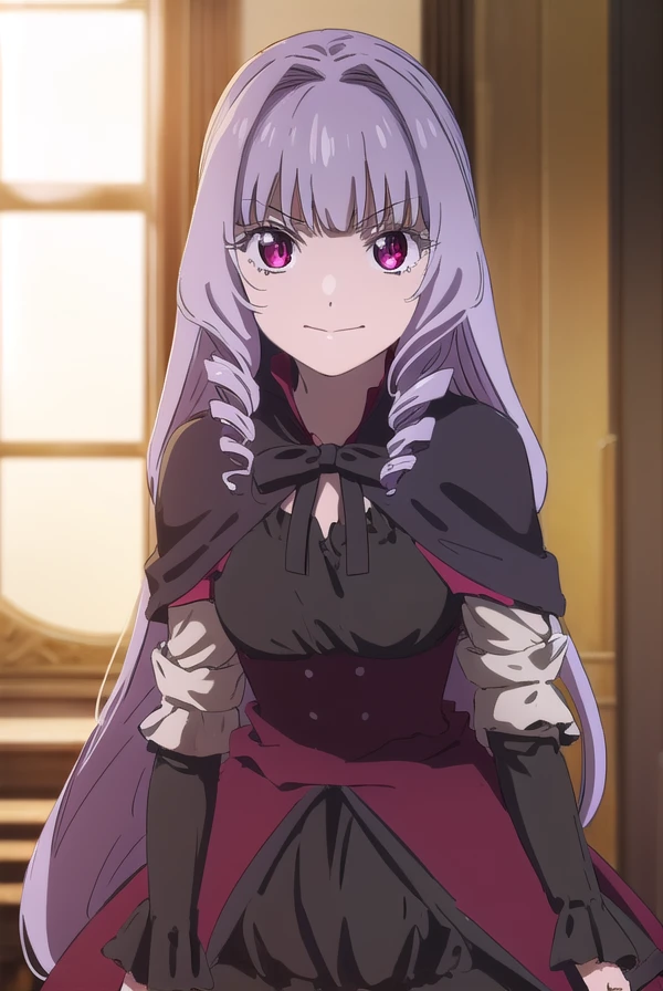 joannajoannascoreadorianuljika, <lora:joanna joannascore adorian uljika s1-lora-nochekaiser:1>,
joanna joannascore adorian uljika, long hair, bangs, (red eyes:1.3), purple hair, hair intakes, drill hair, bangs, smile,
BREAK dress, ribbon, black dress, capelet, frills, long sleeves,
BREAK indoors, castle,
BREAK looking at viewer, (cowboy shot:1.5), dynamic pose,
BREAK <lyco:GoodHands-beta2:1>, (masterpiece:1.2), best quality, high resolution, unity 8k wallpaper, (illustration:0.8), (beautiful detailed eyes:1.6), extremely detailed face, perfect lighting, extremely detailed CG, (perfect hands, perfect anatomy),