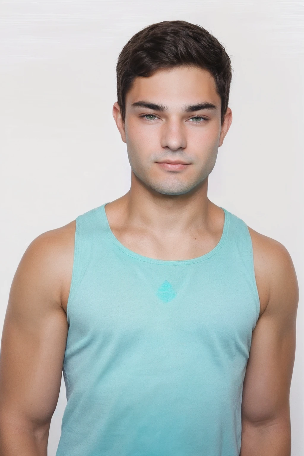 head shot photo of (twk) sc_tanner <lora:sc_tanner_prodigy-06:1> wearing a teal tank top, white background