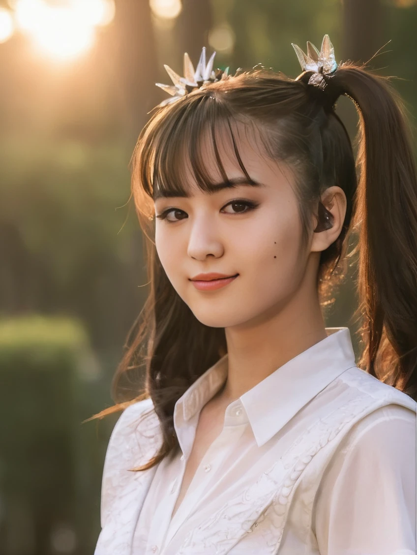 a beautiful picture of moakXL, detailed skin texture,masterpiece, photorealistic, woman, 4k, backlighting, light, RAW color photo,(fully in frame:1.1), (blush:0.5), (goosebumps:0.5),pigtails, <lora:moakXL:0.9> wearing a (white shirt:1.3),park background,subtle smile,idol