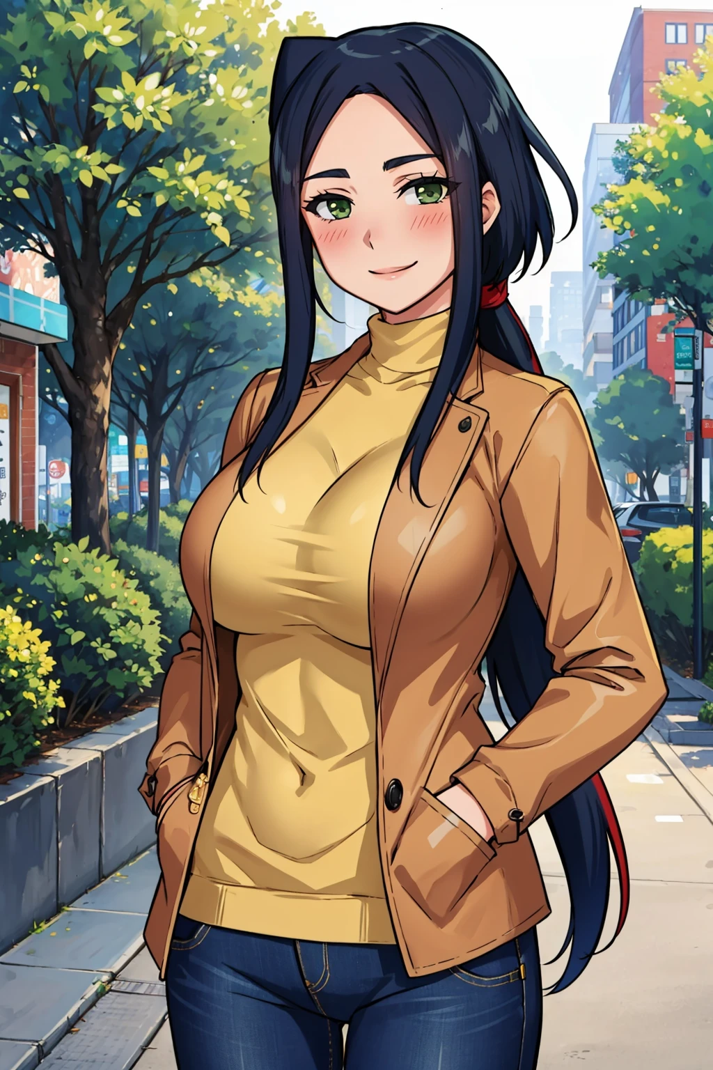 masterpiece, best quality, <lora:moelily-nvwls-v1-000009:0.8> moeLily, green eyes, low ponytail, long hair, yellow turtleneck sweater, brown jacket, long sleeves, jeans, (huge breasts:0.8), smile, blush, hands in pockets, trees, city street