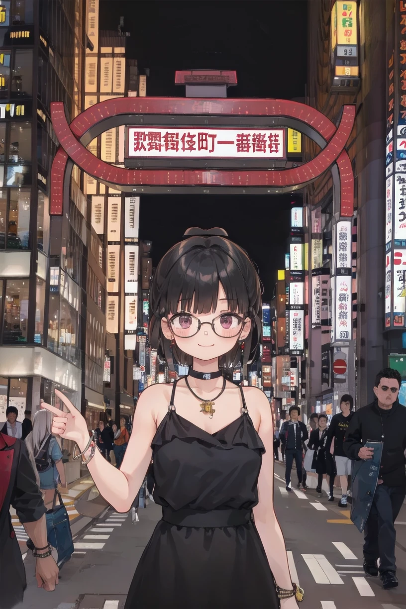 best quality, ultra high res,
1girl, solo, glasses, jewelry, long hair, necklace, smile, black hair, looking at viewer, black dress, dress, bracelet, choker, solo focus, upper body, looking at viewer, 
kabukicho1, road, scenery, city, street, crosswalk, sign, outdoors, 6+boys, building, multiple boys, sky, lamppost, night, cityscape, vanishing point, chinese text, pavement, crowd, cityscape, city lights, skyscraper,
<lora:kabukicho1_SD15_V2:1>