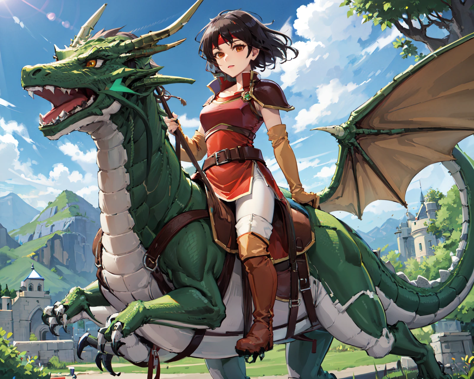 (green dragon,riding a dragon,flying in the sky,saddle:1.2), <lora:edaV2-1:0.9>,eda,looking at viewer,headband,medium hair,red_breastplate,red dress,white pantyhose,white_thighhighs,,shoulder pads,  belt,brown thigh boots,  elbow gloves, fingerless gloves, collarbone,side slit,outdoors,castle,(masterpiece, best quality, ultra-detailed, best shadow)