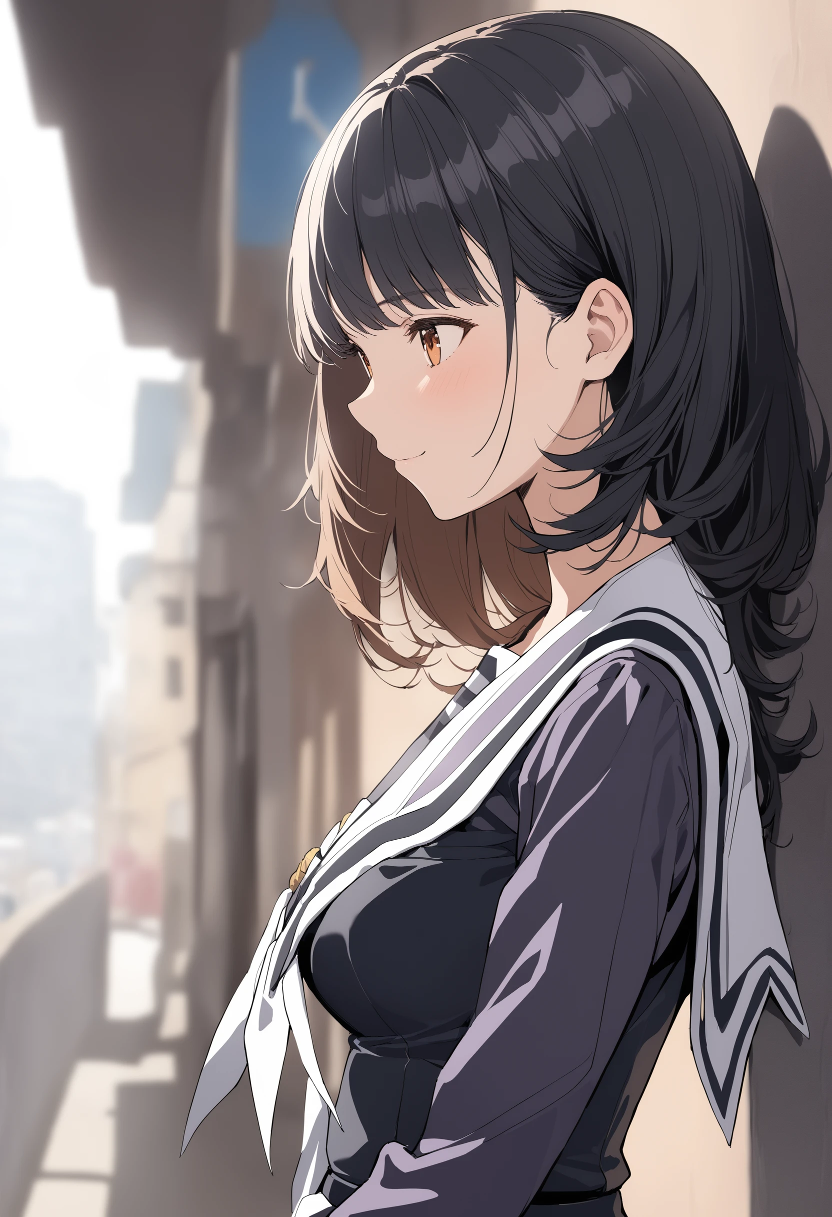 1girl,medium breasts,black hair, orange hair, orange eyes,
<lora:isXLv1:0.8>,i''s,solo, school uniform, serafuku,black legwear, zettai ryouiki, white sailor collar,long sleeves,
from side, portrait, looking ahead, archaic smile, cities, closed mouth,
masterpiece,best quality,medium quality,