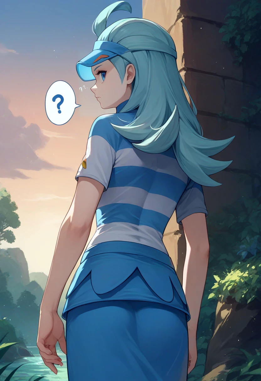 score_9, score_8_up, score_7_up, source_anime, from behind, solo, 1girl, pokemonkahili, expressionless, looking back, spoken question mark, ahoge, visor cap, striped shirt, short sleeves, blue skirt, outdoors, scenery <lora:pokemon_kahili_ponyXL:1>