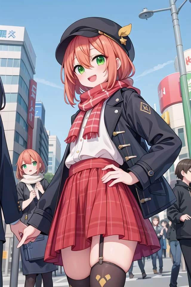 (cleavage:-1.5), insanely detailed, absurdres, ultra-highres, ultra-detailed, best quality,
1girl, solo, nice hands, perfect hands
BREAK
white boots, (pele hat:1.2), thermal layers, (red Plaid skirt:1.1), sweater, garter ring
BREAK
scarf, black coat with golden embroidery, coat with open front button, (black knee-high socks:1.3)
BREAK
happy smile, laugh, open mouth, standing,
from below,
cute pose, cowboy shot
BREAK
slender, kawaii, perfect symmetrical face, ultra cute girl, ultra cute face, ultra detailed eyes, ultra detailed hair, ultra cute, ultra beautiful
BREAK
shibuya, akihabara, tokyo, street, crowd, cityscape
BREAK
medium large breasts,
(orange medium hair, green eyes), hair between eyes