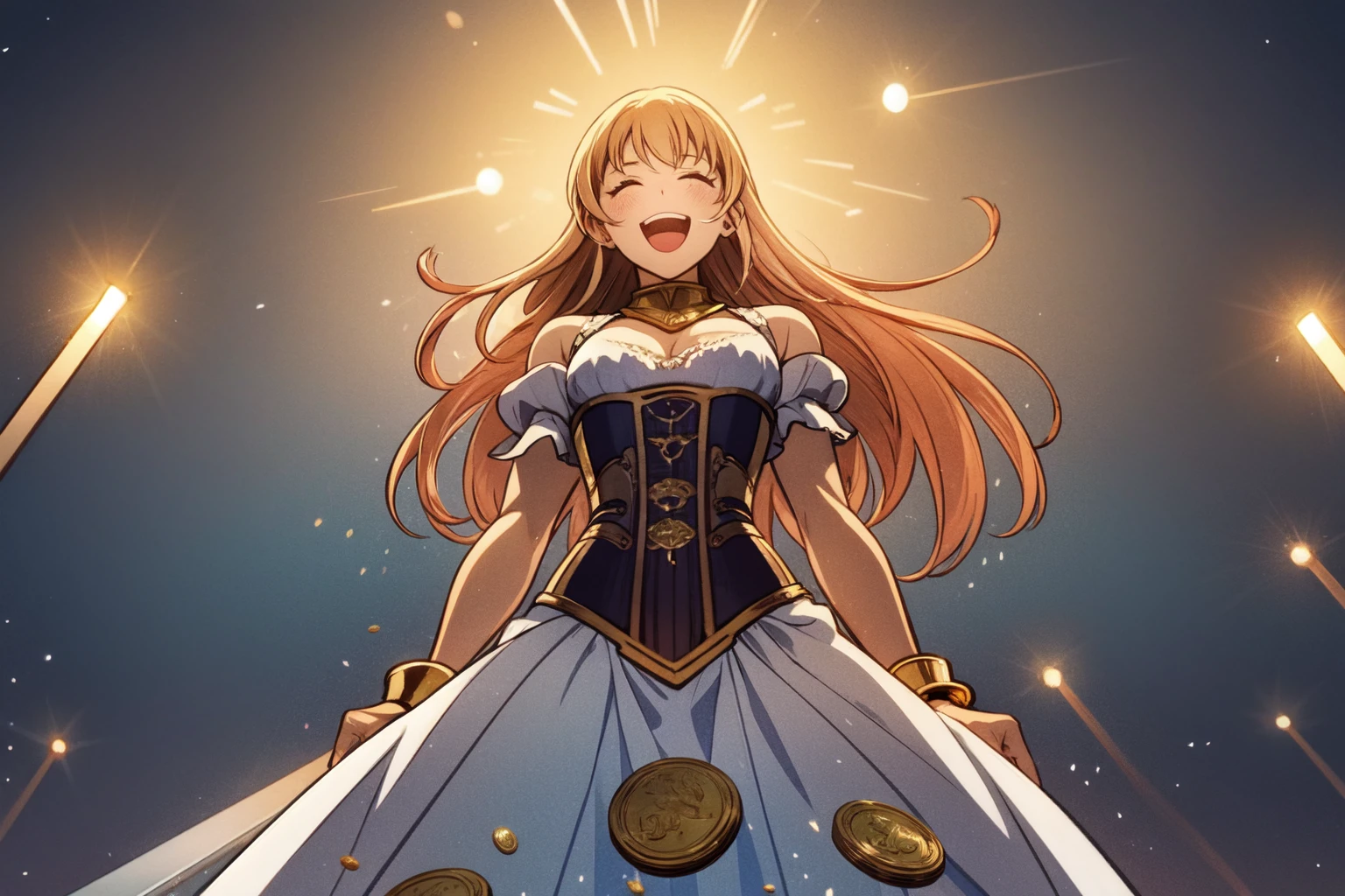 detailed background, best quality, masterpiece, cinematic lighting, highly detailed,
anime,straight-on, from below, masterpiece, 1girl, teenage, hoop, silver corset,ch1nac0rs3t:1.4,long hair, ginger hair, magical girl, cute clothes,see-through cleavage,laughing, holding, holding sword, golden shackles, golden cuffs, fireball, swimsuit under clothes, starry prints, golden coins dropping from the sky,