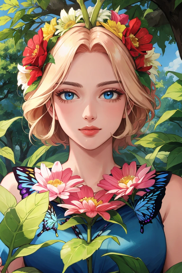 portrait, masterpiece, best quality, ultra-detailed, floating, beautiful detailed eyes, detailed light, fruits, flowers, colorful, garden, colorful background, forest, bird, butterfly