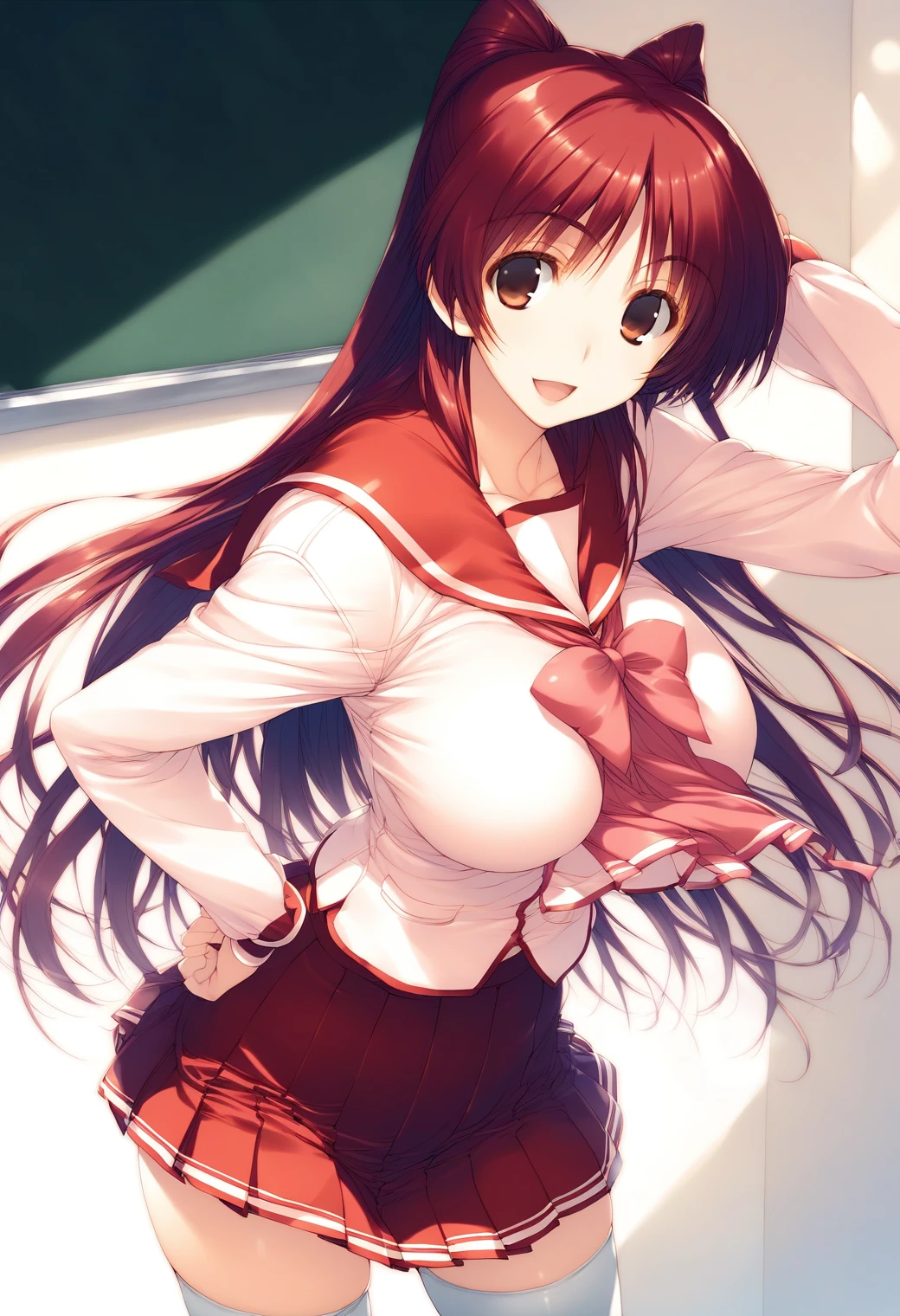 1girl, cowboy shot,  large breasts, (classroom:1.4), (blackboard:1.2), smile, open mouth,  
kousaka_tamaki, brown eyes, red hair, long hair, school uniform, serafuku, long sleeves, pleated skirt, white thighhighs, <lora:kousaka_tamaki_pony_ver1:0.7>, score_9, score_8_up, score_7_up, BREAK source_anime, rating_explicit, best quality, masterpiece, uncensored, solo,