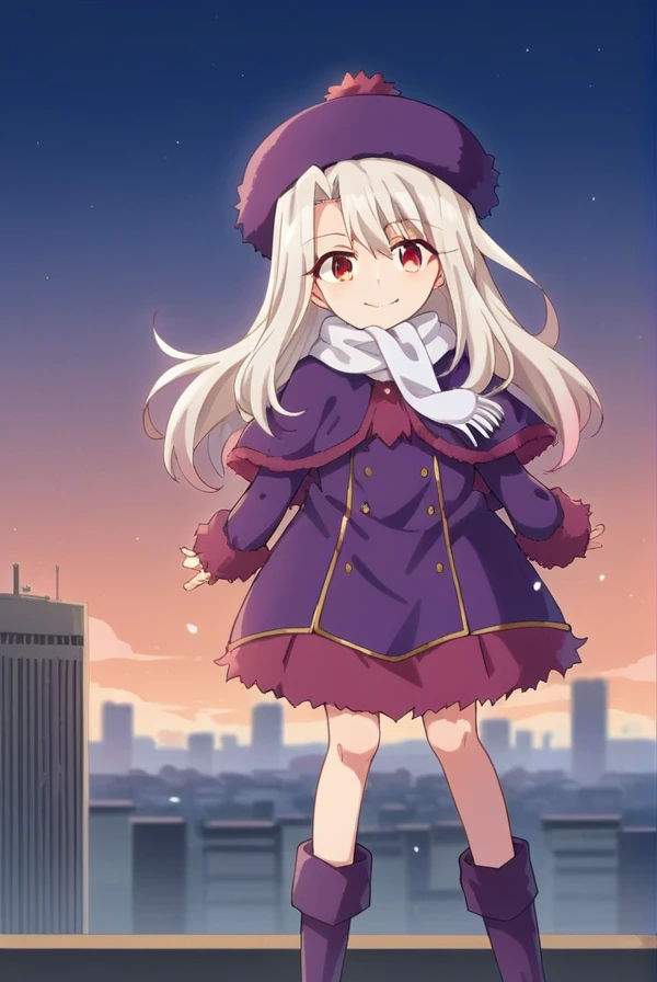 score_9, score_8_up, source_anime, 1girl, illyasvielvoneinzbern, illyasviel von einzbern, long hair, red eyes, white hair, hat, boots, scarf, coat, capelet, white scarf, purple headwear, fur hat, papakha, looking at viewer, smile, cityscape, blue sky <lora:illyasviel_von_einzbern-sdxl-nochekaiser-000008:1>