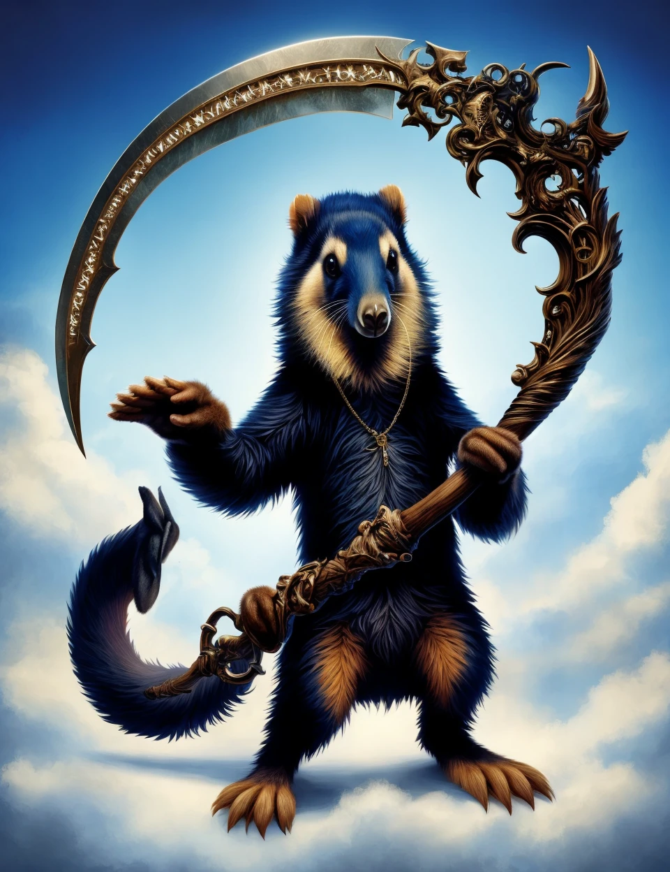 anteater holding a DonM5cy7h3 scythe, creascent blade,<lora:DonM5cy7h3-000006:0.8>