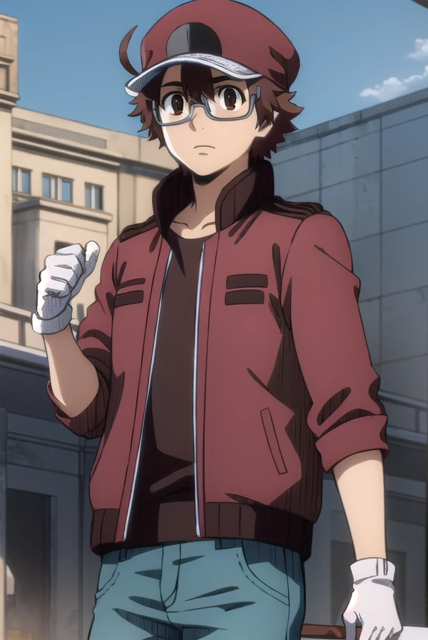 redbloodcellAA2153, <lora:red blood cell AA2153 s1-lora-nochekaiser:1>,
red blood cell AA2153, brown hair, (brown eyes:1.5), male focus, glasses, ahoge,
BREAK shirt, gloves, hat, jacket, pants, white gloves, red headwear, red jacket,
BREAK outdoors,
BREAK looking at viewer, (cowboy shot:1.5), dynamic pose,
BREAK <lyco:GoodHands-beta2:1>, (masterpiece:1.2), best quality, high resolution, unity 8k wallpaper, (illustration:0.8), (beautiful detailed eyes:1.6), extremely detailed face, perfect lighting, extremely detailed CG, (perfect hands, perfect anatomy),