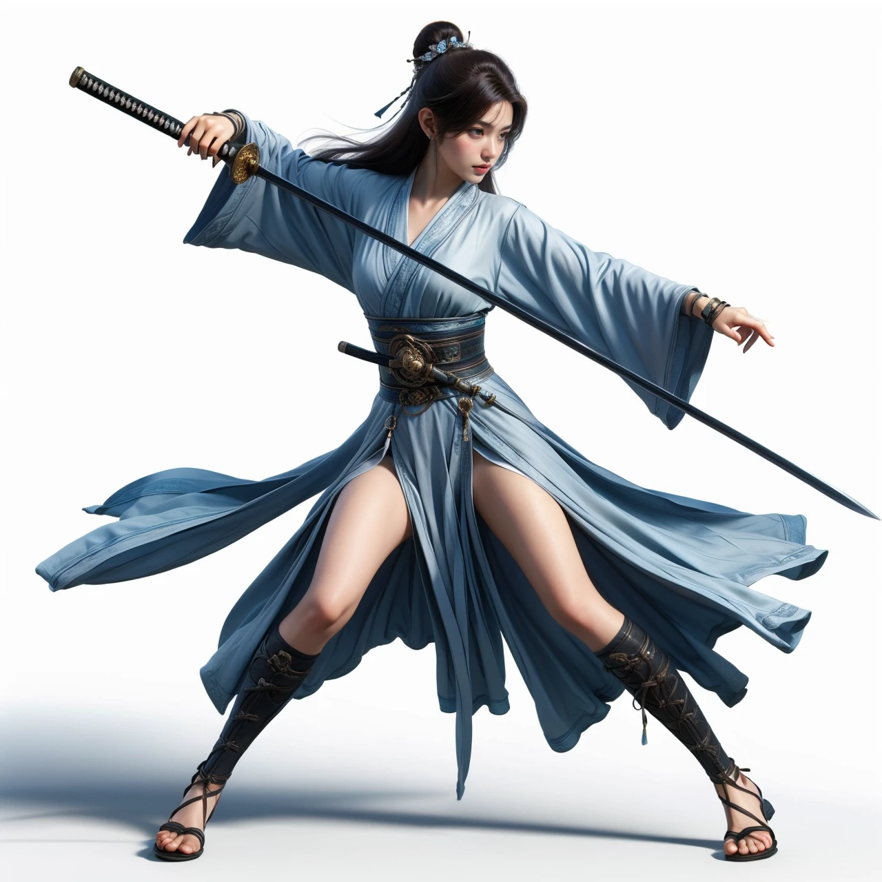 nvjianke,1girl,weapon,solo,sword,long hair,fighting stance,holding,sheath,hair bun,single hair bun,holding weapon,white background,wide sleeves,holding sword,simple background,full body,sandals,hair ornament,katana,sash,standing,long sleeves,hair stick,brown hair,black hair,
Best quality,masterpiece,ultra high res,<lora:20240302-1709360688211-0020:0.7>,