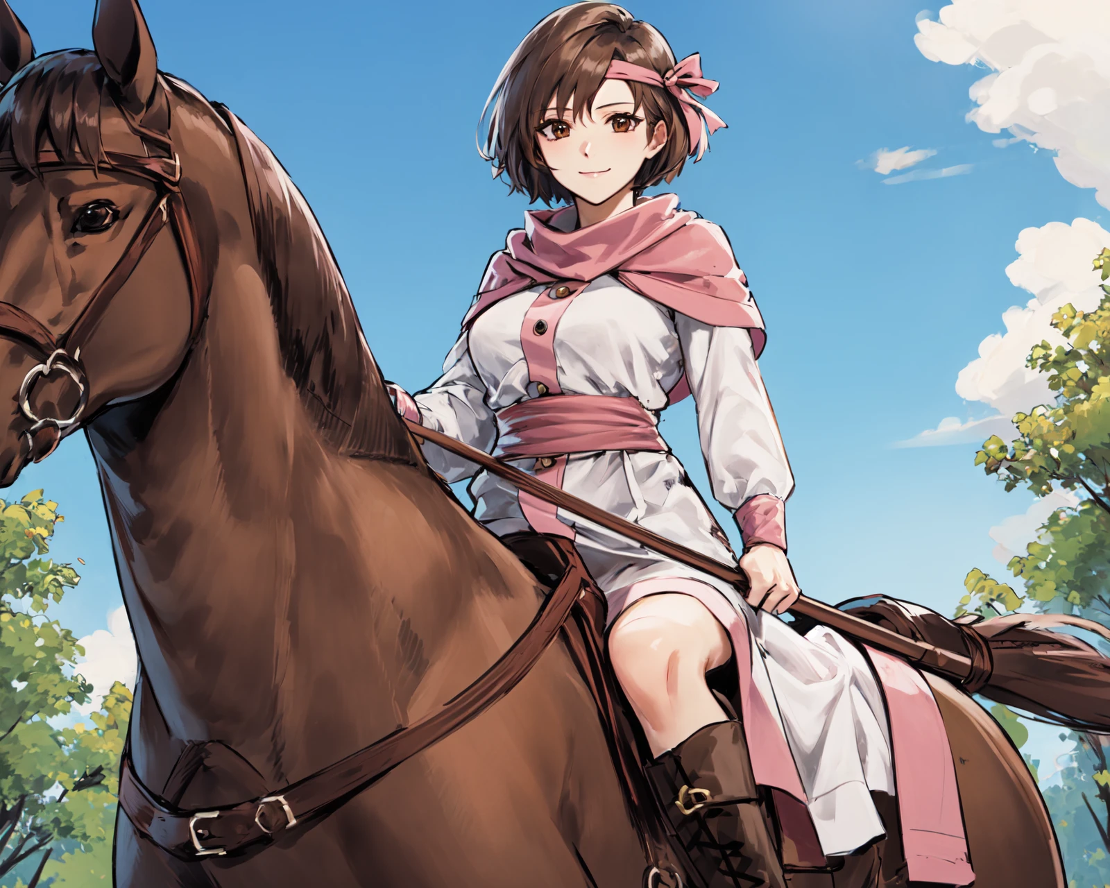 from below,(horse,riding a horse,saddle,reins:1.15),smile,<lora:jeanneV1-1:0.85>,jeanne,closed mouth,boots,dress, looking at viewer, long sleeves, sash, pink scarf, capelet,outdoors,(masterpiece, best quality, ultra-detailed, best shadow)