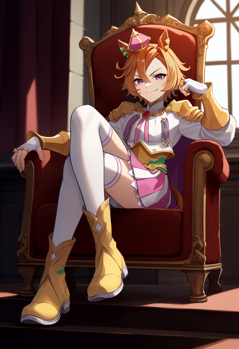 score_9, score_8_up, score_7_up, source_anime, solo, 1girl, tmoperao, smirk, looking at viewer, sitting, crossed legs, throne, mini crown, horse ears, white shirt, long sleeves, shoulder armor, pink cape, white gloves, single glove, fingerless gloves, two-tone skirt, pink skirt, white skirt, white thighhighs, yellow footwear, ear piercing, multiple rings, horse tail, indoors <lora:umamusume_tmoperao_ponyXL:1>