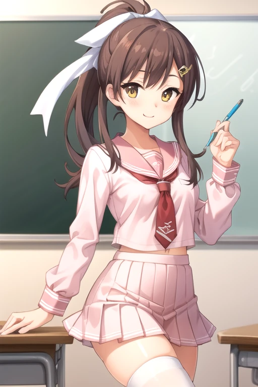 ((masterpiece)),(best quality),official art,extremely detailed CG,unity 8k wallpaper,ultra detailed,beautiful detailed eyes,extremely detailed face,classroom,1girl,solo,cowboy shot,looking at viewer,facing viewer,smile,Yamabuki Aoi,long hair,brown hair,high ponytail,hair ribbon,white ribbon,hair ornament,hairclip,sidelocks,bangs,yellow eyes,pink serafuku,pink sailor collar,red necktie,long sleeves,red wrist cuffs,medium breasts,miniskirt,pink skirt,pleated skirt,white thighhighs,sneakers,<lora:Yamabuki Aoi(trlu):0.6>,