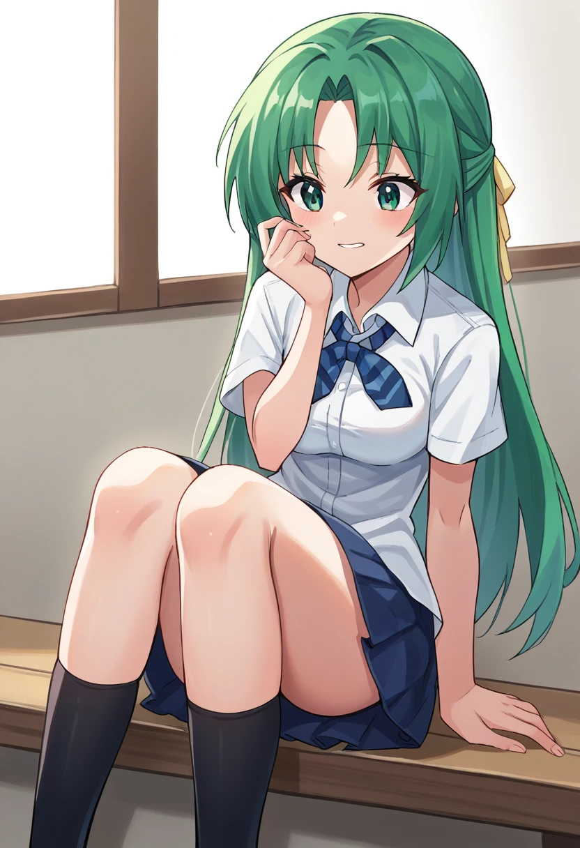 score_9, score_8_up, score_7_up, 1girl, solo, source_anime BREAK sonozaki shion, green hair, long hair, green eyes, yellow ribbon, white shirt, blue necktie, pleated skirt, sitting, black kneehighs, <lora:SHionAdapt0.5 15-000011:1>