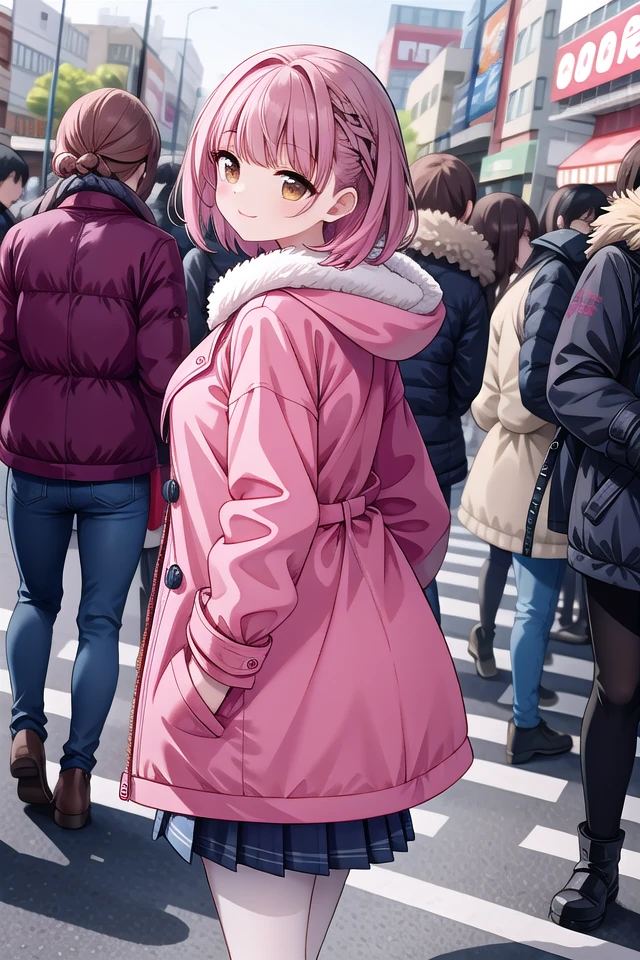 (panorama view:1.4), insanely detailed, absurdres, ultra-highres, ultra-detailed, best quality,
1girl, solo, nice hands, perfect hands
BREAK
(pink and white theme:1.4), (Wearing a (long sleeve pink coat with fur color) over a white high neck blouse:1.4), (fur cuffs:1.3), (double pillar button:1.3), (pocketless:1.4), (plain ivory-white pantyhose:1.4), (pink heeled boots with lace-up:1.2)
BREAK
(wine-red pleated skirt:1.3)
BREAK
(naked skin:-1), (See-through:-1), (pocket:-1), (black pantyhose:-1), (wine:-1), (red coat:-1), (white coat:-1), (red tops:-1), (white skirt:-1), (pink skirt:-1), (black skirt:-1), (text on clothes:-1), ((mark, logo, pattern) on pantyhose:-1), (tone pantyhose:-1), (bare shoulders:-1), (nsfw:-1.5)
BREAK
happy smile, laugh, closed mouth, standing,
seductive pose, cowboy shot, (full body view:-1)
BREAK
slender, kawaii, perfect symmetrical face, ultra cute girl, ultra cute face, ultra detailed eyes, ultra detailed hair, ultra cute, ultra beautiful
BREAK
shibuya, akihabara, tokyo, street, crowd, cityscape
BREAK
large breasts,
(brown hair, brown eyes), hime cut