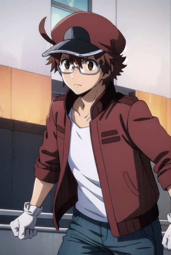 redbloodcellAA2153, <lora:red blood cell AA2153 s1-lora-nochekaiser:1>,
red blood cell AA2153, brown hair, (brown eyes:1.5), male focus, glasses, ahoge,
BREAK shirt, gloves, hat, jacket, pants, white gloves, red headwear, red jacket,
BREAK outdoors,
BREAK looking at viewer, (cowboy shot:1.5), dynamic pose,
BREAK <lyco:GoodHands-beta2:1>, (masterpiece:1.2), best quality, high resolution, unity 8k wallpaper, (illustration:0.8), (beautiful detailed eyes:1.6), extremely detailed face, perfect lighting, extremely detailed CG, (perfect hands, perfect anatomy),