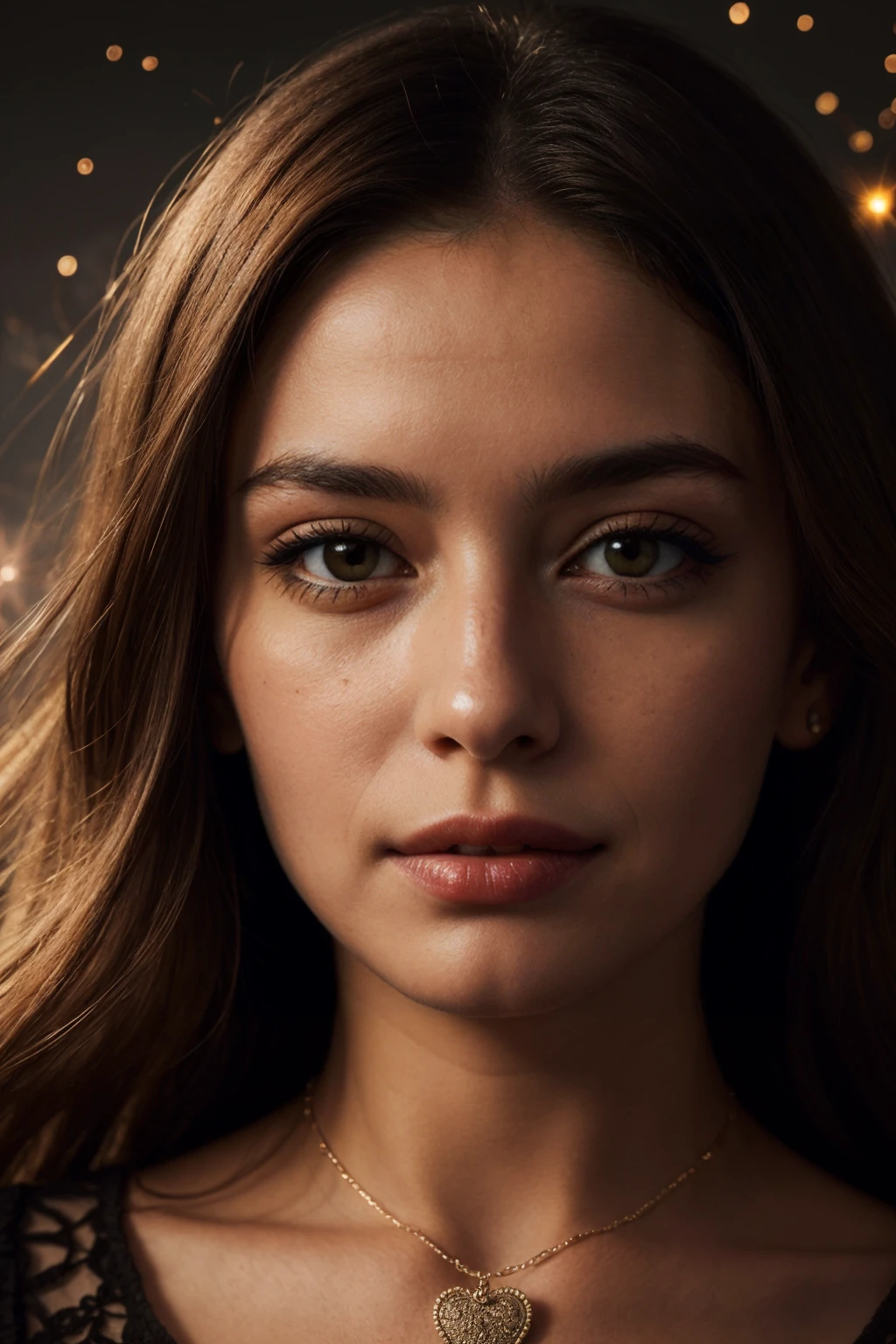 detailed skin,skin imperfections, realistic, detailed facial features, highly detailed face,necklace,((universe, mothership yellow sparkles,hearts, mirada penetrante, beso apasionado)),(high quality:1.3),(best quality:1.3),(masterpiece:1.3),official art,official wallpaper,4k textures,(epic:1.2),(mysterious atmosphere:1.2),(twilight:1.2),subtle sparkles,whimsical vibes,(detailed:1.05),(extremely detailed:1.06),sharp focus,(intricate:1.03),(extremely intricate:1.04),high contrast,soft cinematic light,soothing tones,hdr