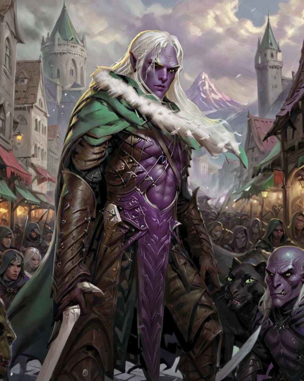 <lora:Drizzt Do'Urden:1> drizzt_dnd in a crowded fantasy city