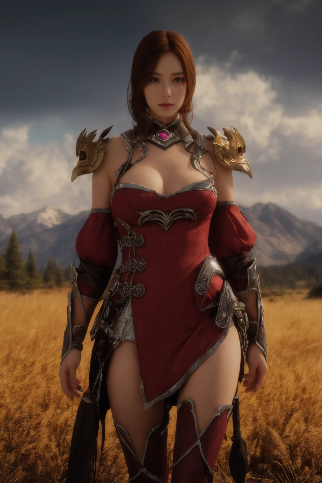 Professional , masterpiece、top-quality、photos realistic , depth of fields 、(Dragon Red Metal Body:1.9),(Enamel Red、(cleavage of the breast)、Dragon Gold Weapon、(Red Micro Bikini Armor:1.4),Gorgeous gold weapons ,(( Dragon's dense and gorgeous sword)) , (demonic wings)、((a blond))、(Castle background)、((Gangle's forest background))、((Fight dragons))、Beautiful Caucasian beauty、1a person、dynamic ungle,(((Detailed and ornate dragon helmet)))、Smaller head、A smile、Castle background、Thin and beautiful female hands、cleavage of the breast、Soldier in iron armor on background、Mystical expression、Light Effects、intense fighting、Wind-effect、magic circles、With the legendary magic wand、Dragon's tail、explosions、Anatomically correct body、