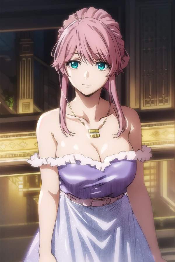 hepatocyte, <lora:hepatocyte s1-lora-nochekaiser:1>,
hepatocyte, long hair, (green eyes:1.3), pink hair, sidelocks, hair up, smile,
BREAK dress, cleavage, bare shoulders, jewelry, necklace, purple dress, strapless, strapless dress, collarbone,
BREAK indoors,
BREAK looking at viewer, (cowboy shot:1.5), dynamic pose,
BREAK <lyco:GoodHands-beta2:1>, (masterpiece:1.2), best quality, high resolution, unity 8k wallpaper, (illustration:0.8), (beautiful detailed eyes:1.6), extremely detailed face, perfect lighting, extremely detailed CG, (perfect hands, perfect anatomy),