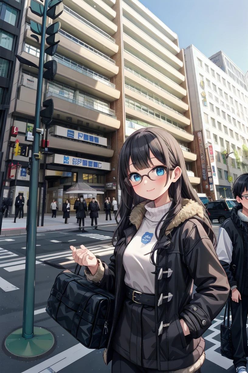 best quality, ultra high res,
1girl, solo, glasses, black hair, long hair, duffle coat, black bag, smile, looking at viewer, solo focus,
kinokuniya, storefront, real world location, scenery, sky, sign, day, city, building, street, road, blue sky, lamppost, traffic light, crosswalk, multiple boys, people, 6+boys, road sign, multiple girls, outdoors
<lora:kinokuniya_shinjuku_SD15_V2:0.8>