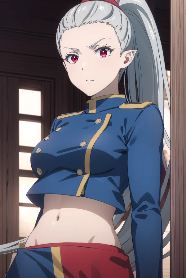 kemonorose, <lora:kemono rose s1-lora-nochekaiser:1>,
rose, long hair, (red eyes:1.3), very long hair, ponytail, grey hair, pointy ears, high ponytail,
BREAK skirt, gloves, navel, midriff, uniform, crop top, military, military uniform, blue jacket, side slit, long skirt,
BREAK outdoors, forest,
BREAK looking at viewer, (cowboy shot:1.5), dynamic pose,
BREAK <lyco:GoodHands-beta2:1>, (masterpiece:1.2), best quality, high resolution, unity 8k wallpaper, (illustration:0.8), (beautiful detailed eyes:1.6), extremely detailed face, perfect lighting, extremely detailed CG, (perfect hands, perfect anatomy),
