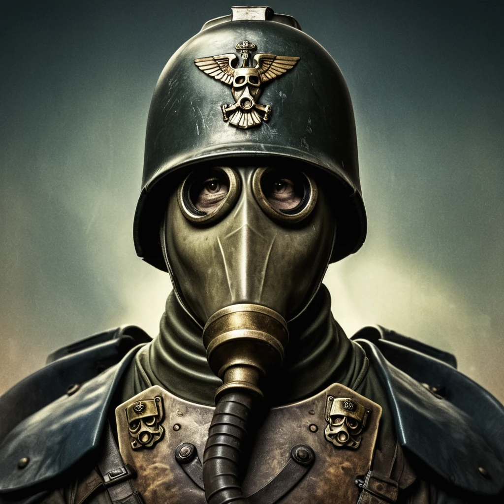 closeup portrait, death korps of kreig soldier, gas mask, steel helmet, dramatic colors, vignette, stylized, illustration, upper body, centered, grimdark, artillery shells, [WWII movie poster] \(style\), artstation, masterpiece, highest quality, concept art, extremely detailed, warhammer 40k, film grain, noise,
 <lora:Death-Korps-000007:1>